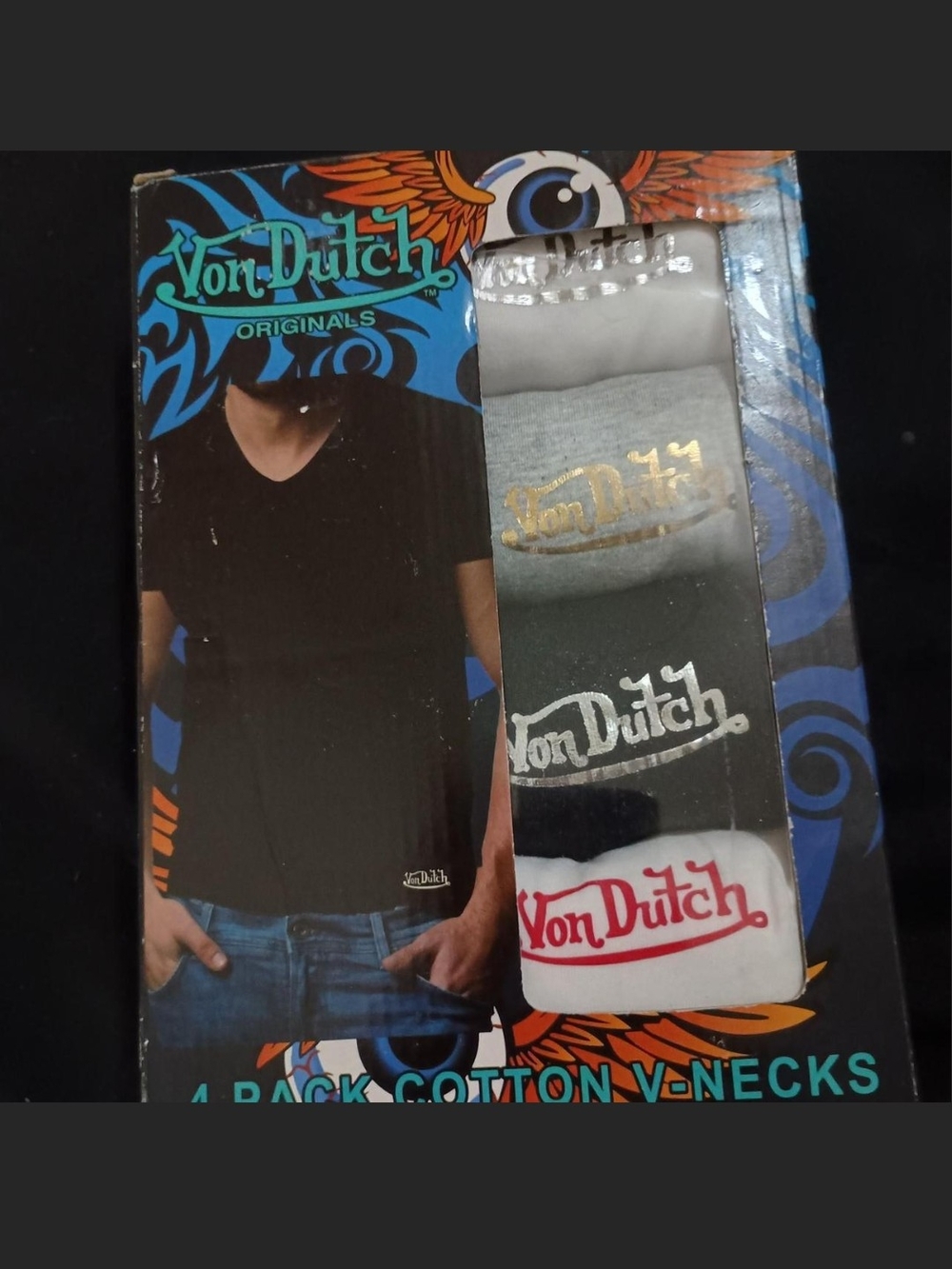 Von Dutch 4-Pack V-Neck Tees — Black, Gray, White, Charcoal